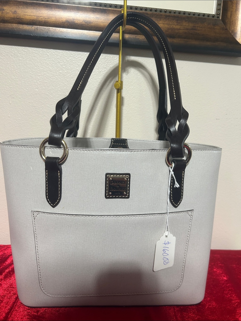 Dooney & Bourke White Tote with Dark Brown Handles and Front Slip Pocket